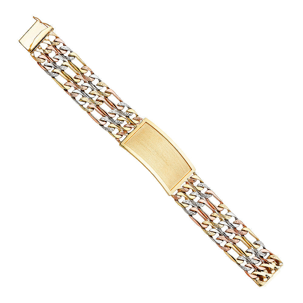 14K Tri Color Gold 3lines Nugget Figaro Link Frame ID Bracelet