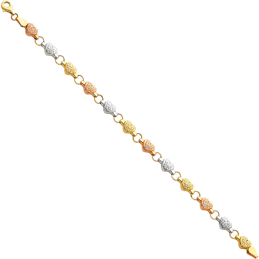 14K Tri Color Gold Heart Light Stampato Bracelet