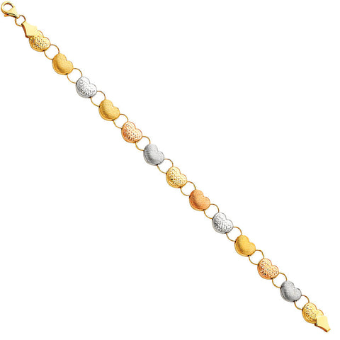 14K Tri Color Gold Hearts Light Stampato Bracelet