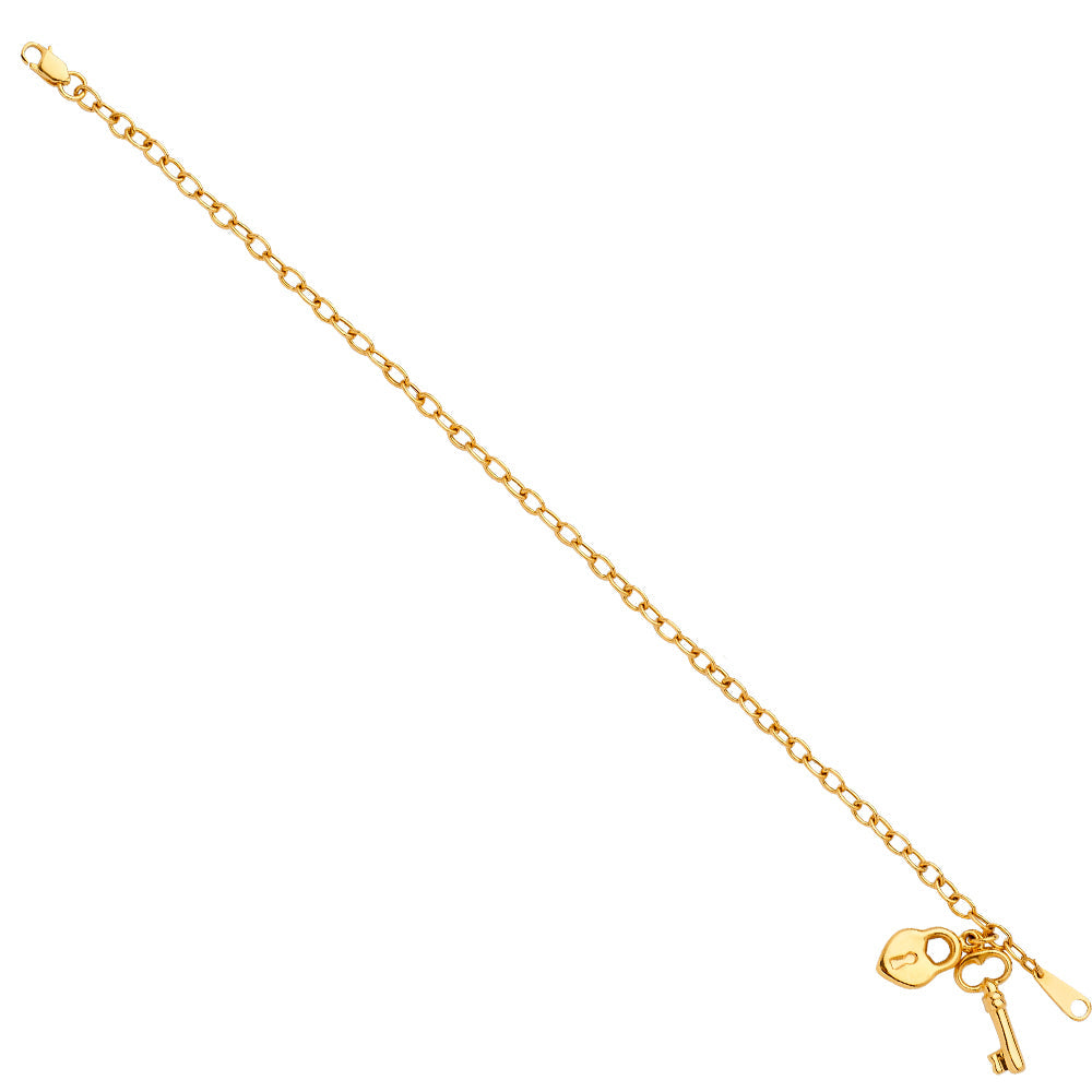 14K Yellow Gold Heart And Key Pendant Hollow Bracelet