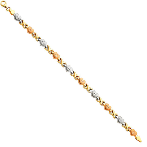 14K Tri Color Gold Heart X Light Stampato Bracelet