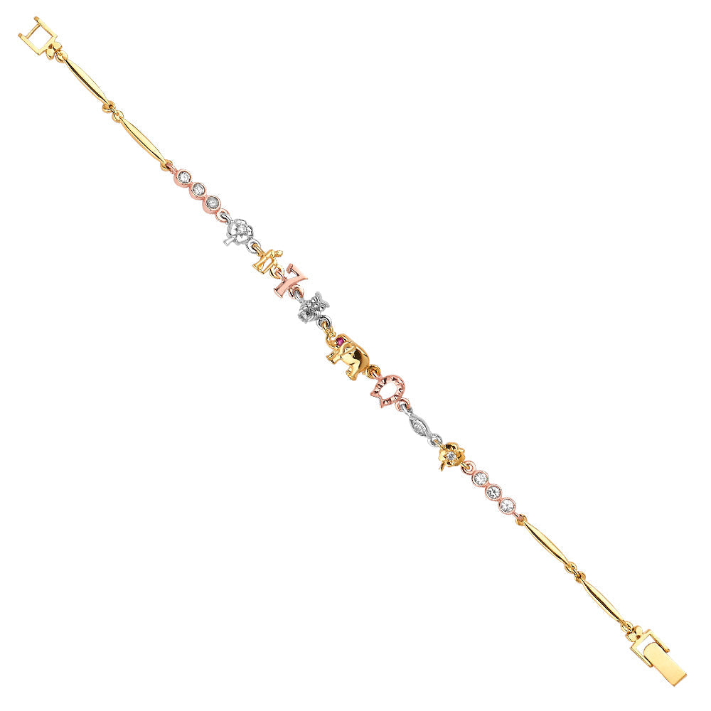 14K Tri Color Gold Lucky CZ Bracelet