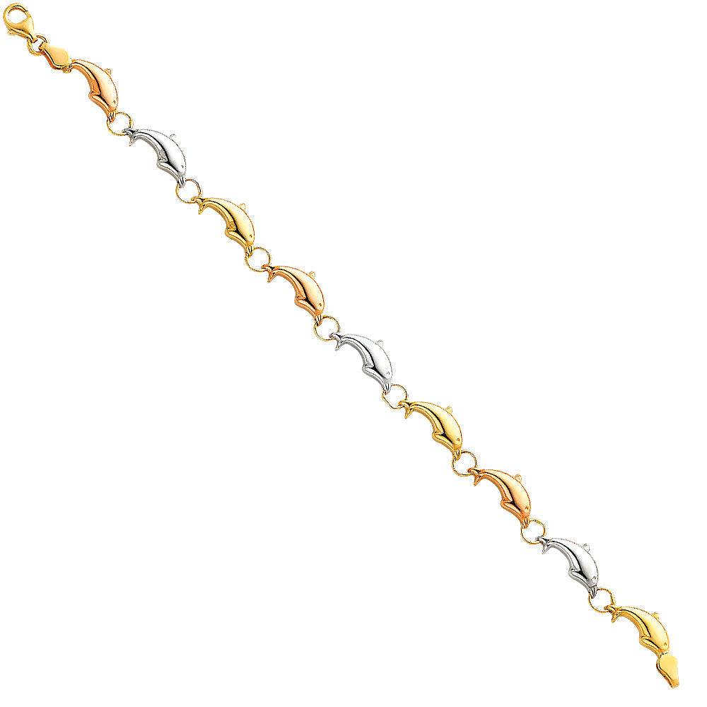 14K Tri Color Gold Dolphins Light Stampato Bracelet