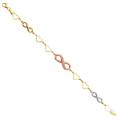 14K Tri Color Gold Heart And Infinity Fancy Bracelet