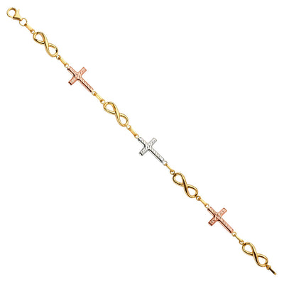 14K Tri Color Gold Cross And Infinity Fancy Bracelet