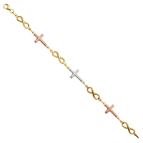 14K Tri Color Gold Cross And Infinity Fancy Bracelet