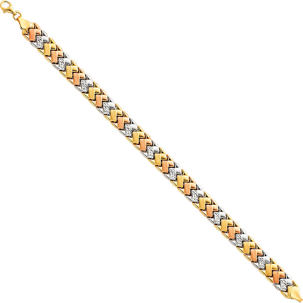 14K Tri Color Gold Light Stampato Heart Bracelet