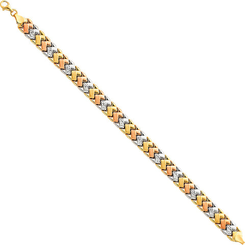 14K Tri Color Gold Light Stampato Heart Bracelet