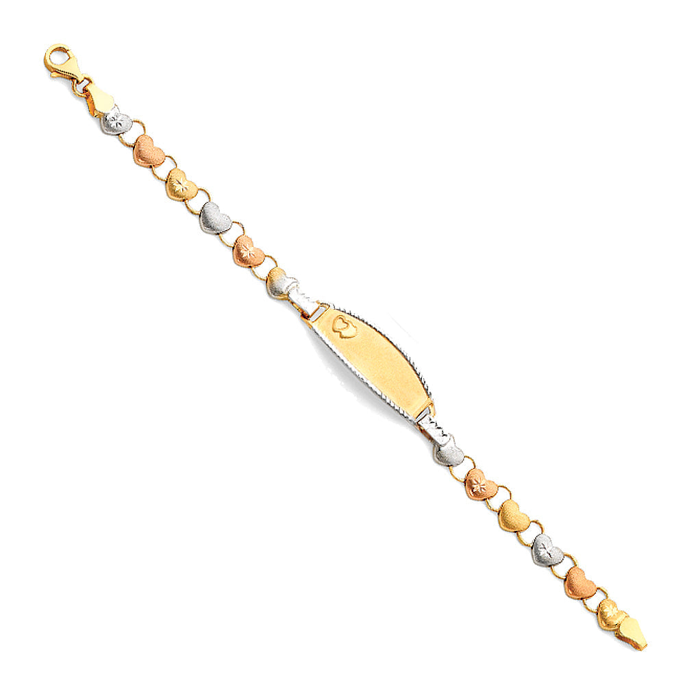 14K Tri Color Gold Heart Light Stampato ID Bracelet For Junior