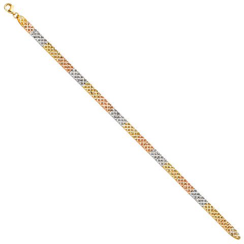 14K Tri Color Gold Thick Crystal Cut Bracelet