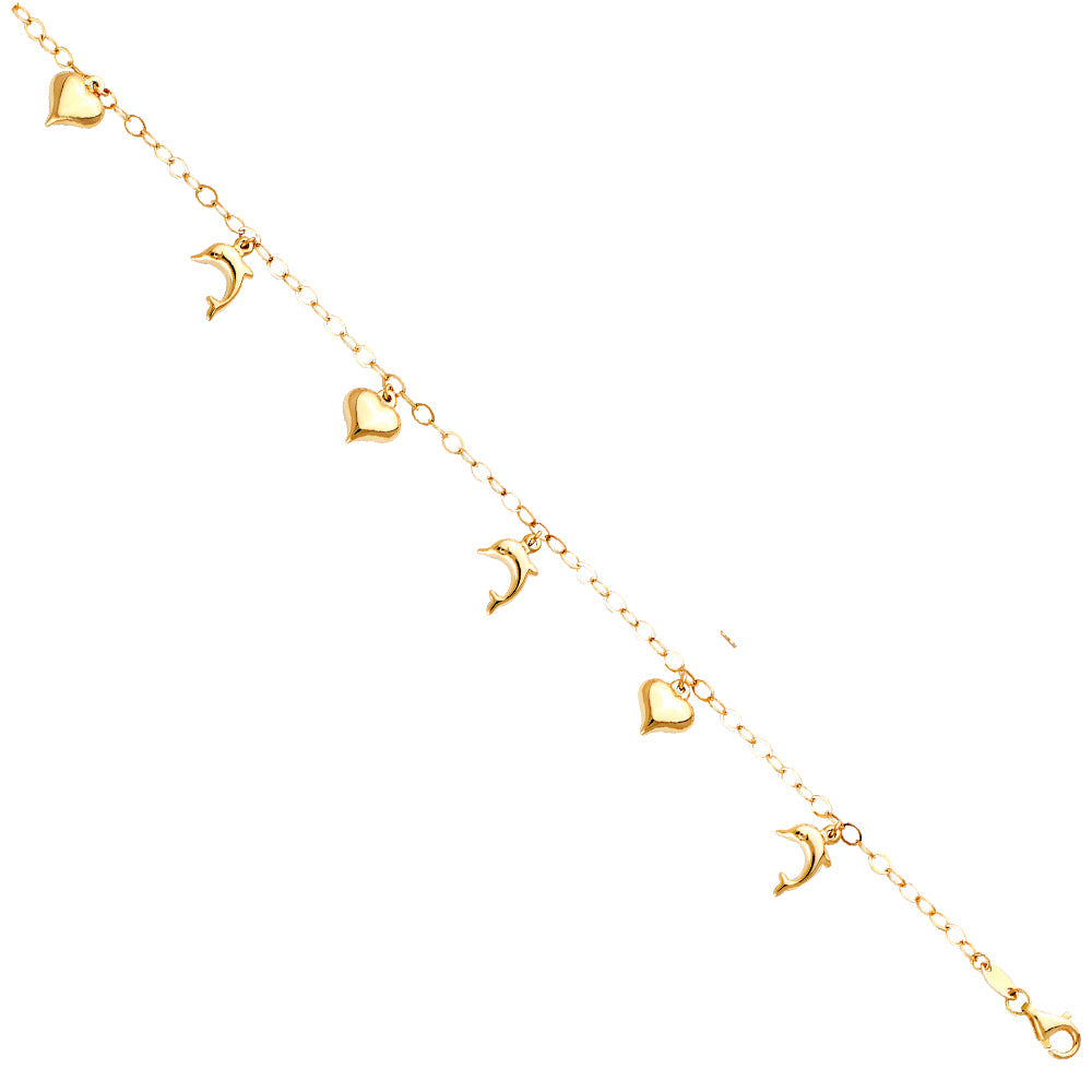 14K Yellow Gold Hanging Dolphin Heart Bracelet And Anklet