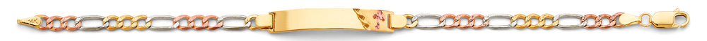 14K Tri Color Gold Figaro Cross ID Bracelet