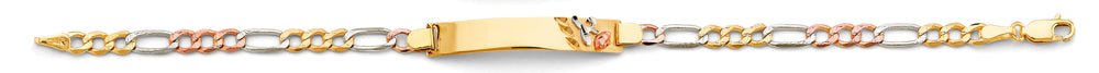 14K Tri Color Gold Figaro Flower ID Bracelet