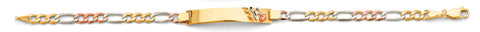 14K Tri Color Gold Figaro Flower ID Bracelet