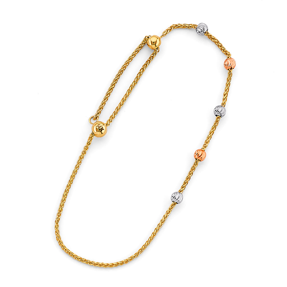 14K Tri Color Gold Adjustable Ball Bracelet