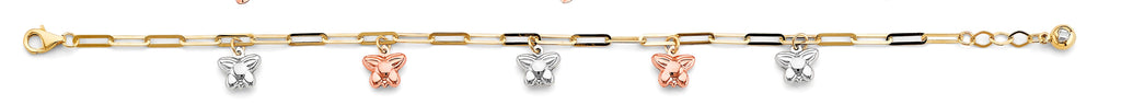 14K Tri Color Gold Butterfly Charm Link Bracelet And Anklet