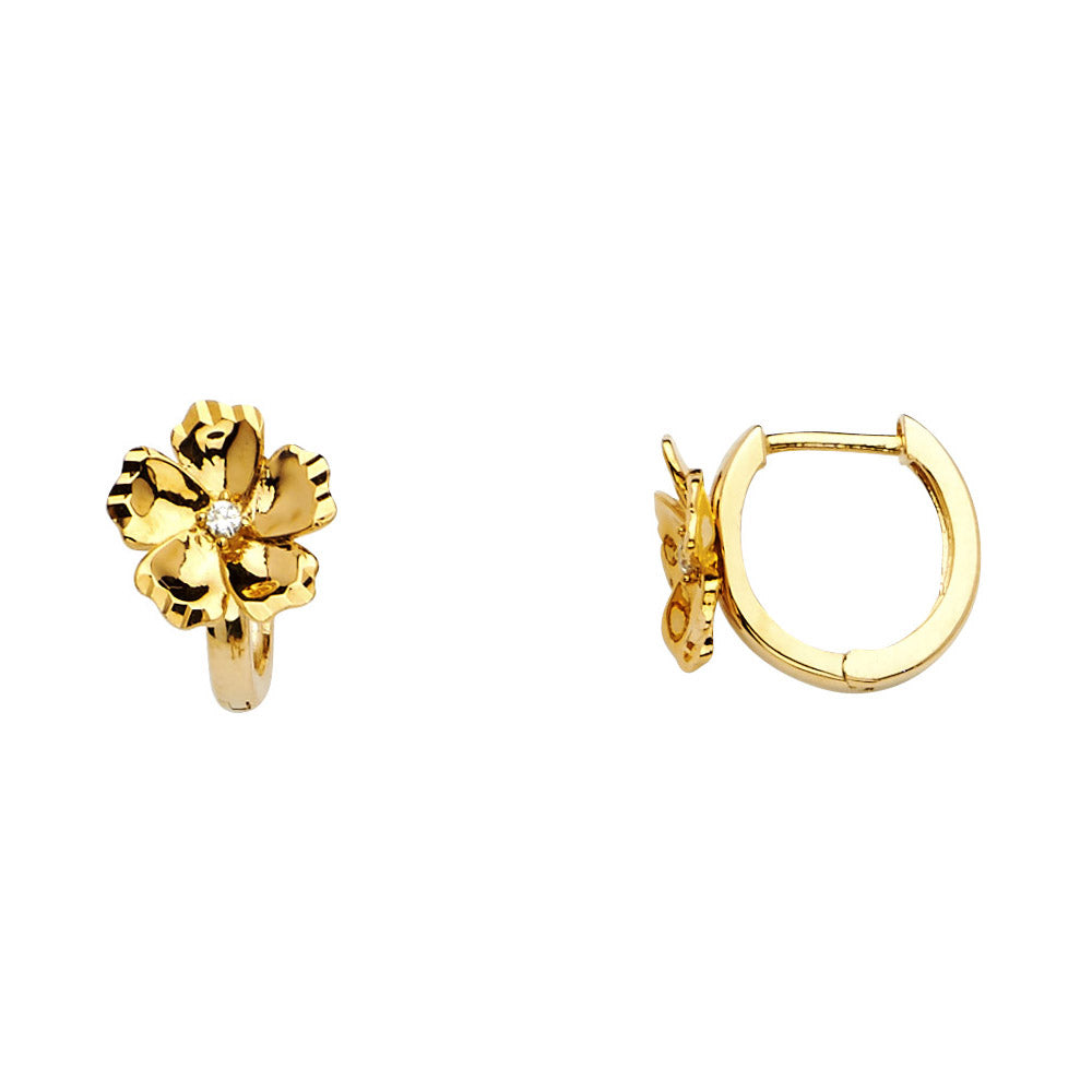 14K Yellow Gold Flower CZ Huggies Earrings