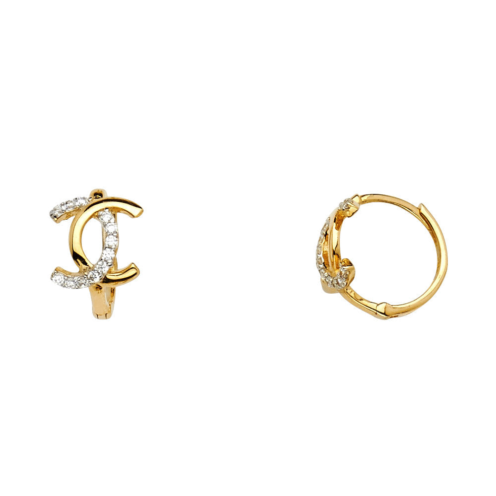 14K Two Tone Gold X CZ Huggies Earrings