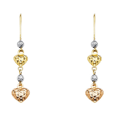 14K Tri Color Gold Heart Hanging Earrings