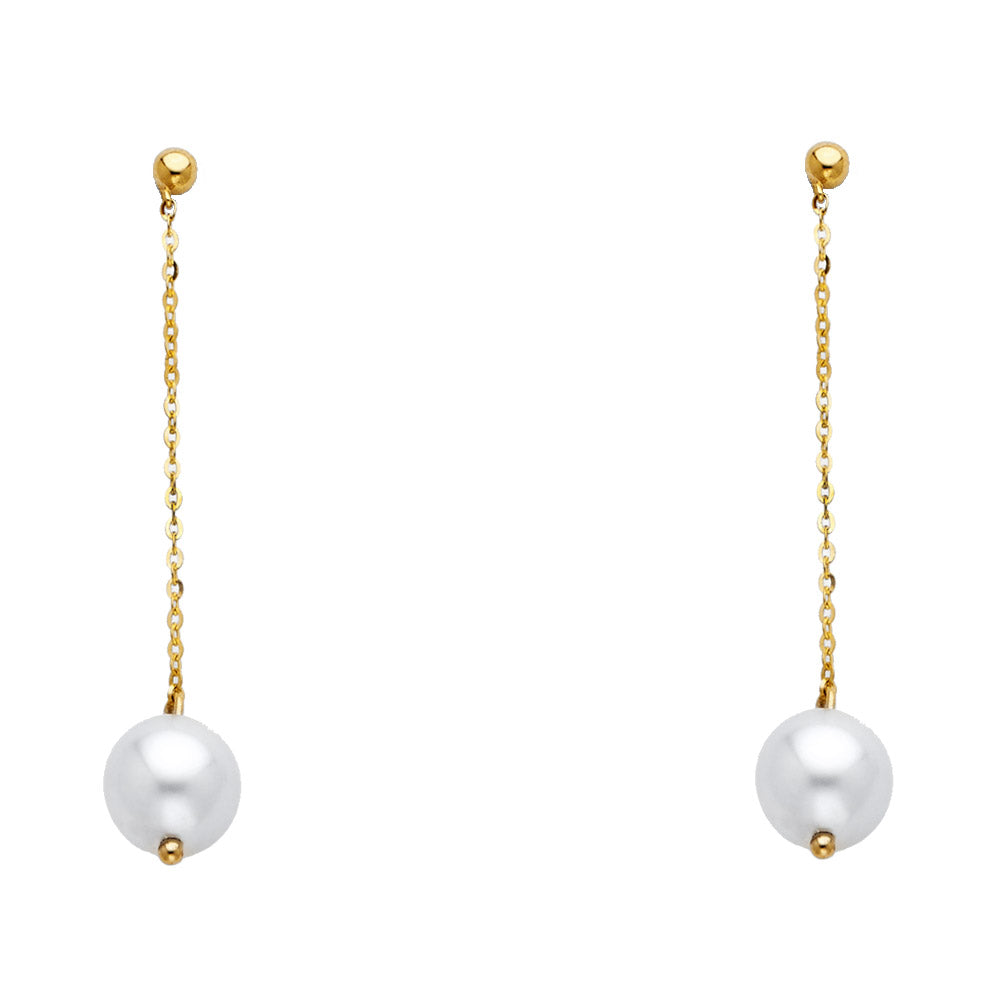 14K Yellow Gold Pearl Hanging Earrings