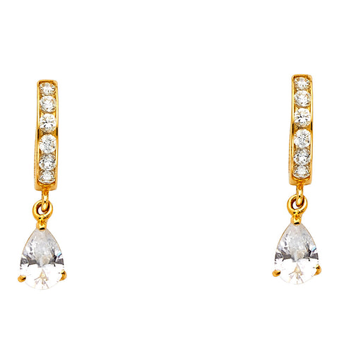 14K Yellow Gold CZ Dangle Huggies Earrings