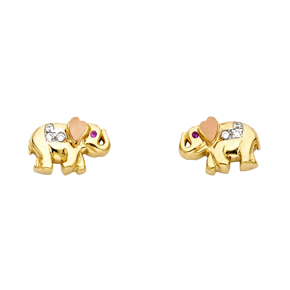 14K Tri Color Gold Elephant Post Earrings