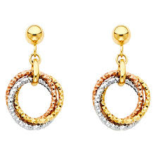 Load image into Gallery viewer, 14K Tri Color Gold Hanging 3 Ring Earrings