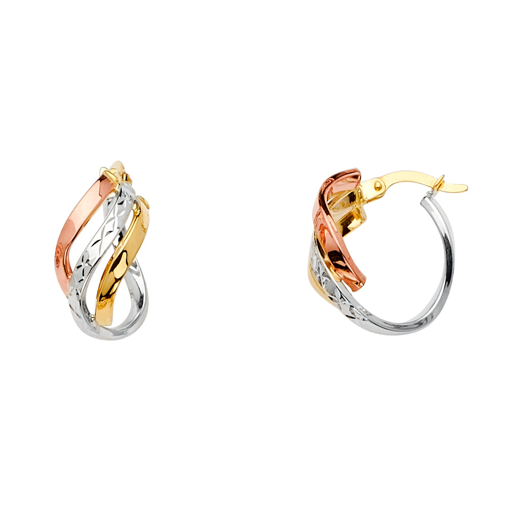 14K Tri Color Gold 3 Line Twisted Hoop Earrings