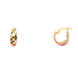 14K Tri Color Gold 10mm 3 Line Twisted Hoop Earrings