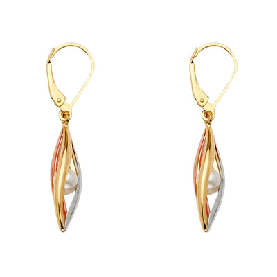 14K Tri Color Gold Tear Drop Type Earrings With Pearl