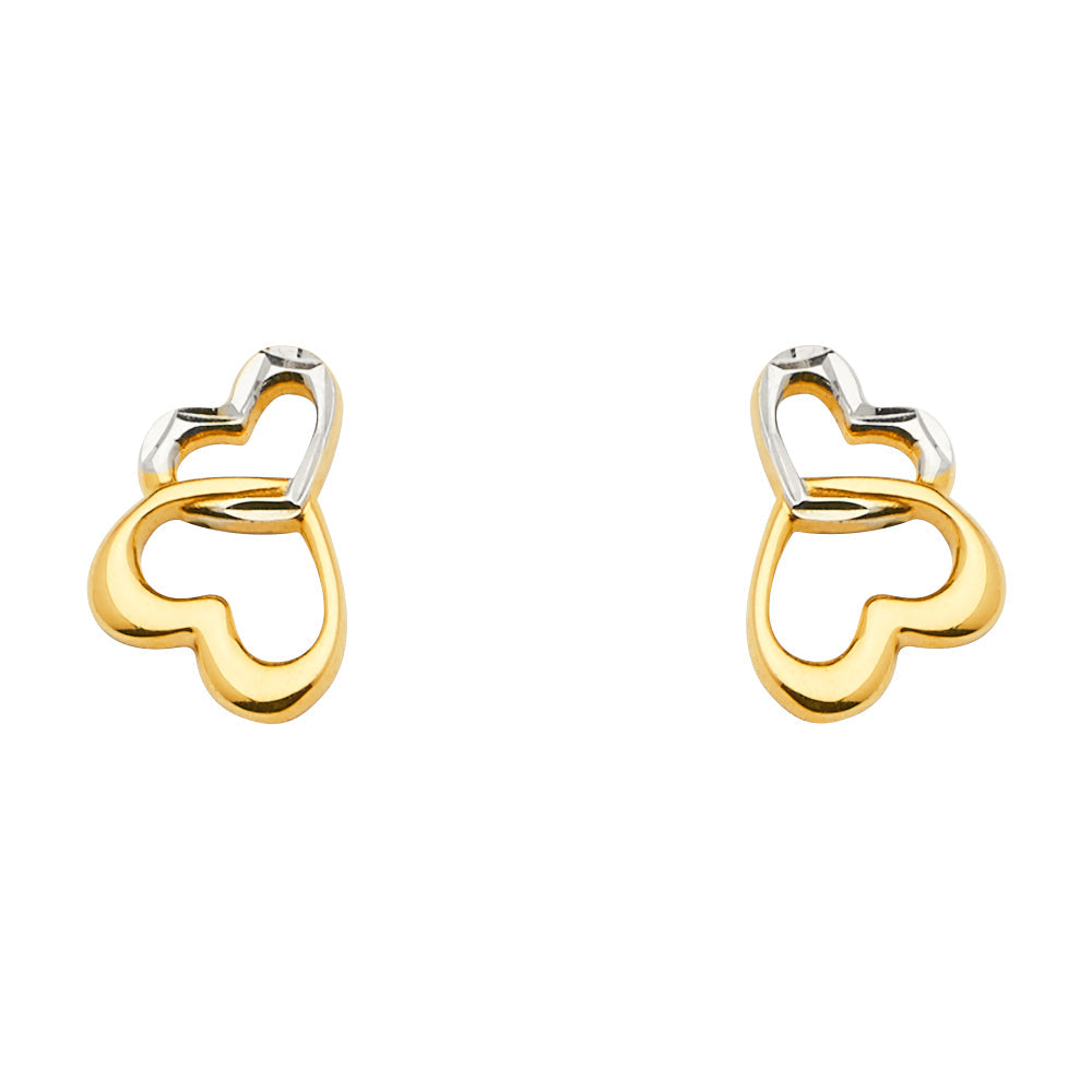 14K Two Tone Gold 2 Heart Earrings With Push Back