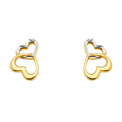 14K Two Tone Gold 2 Heart Earrings With Push Back
