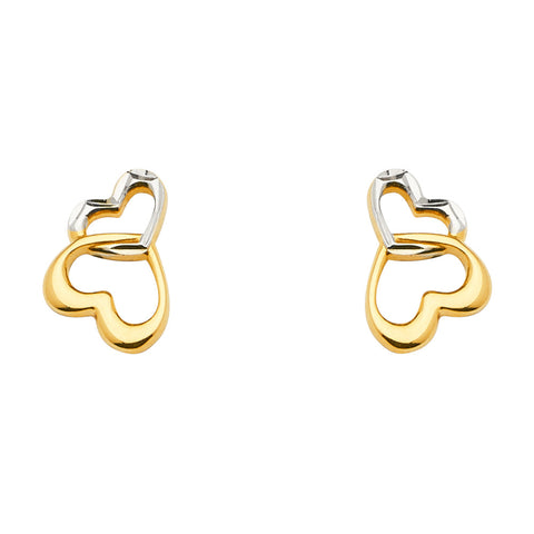 14K Two Tone Gold 2 Heart Earrings With Push Back