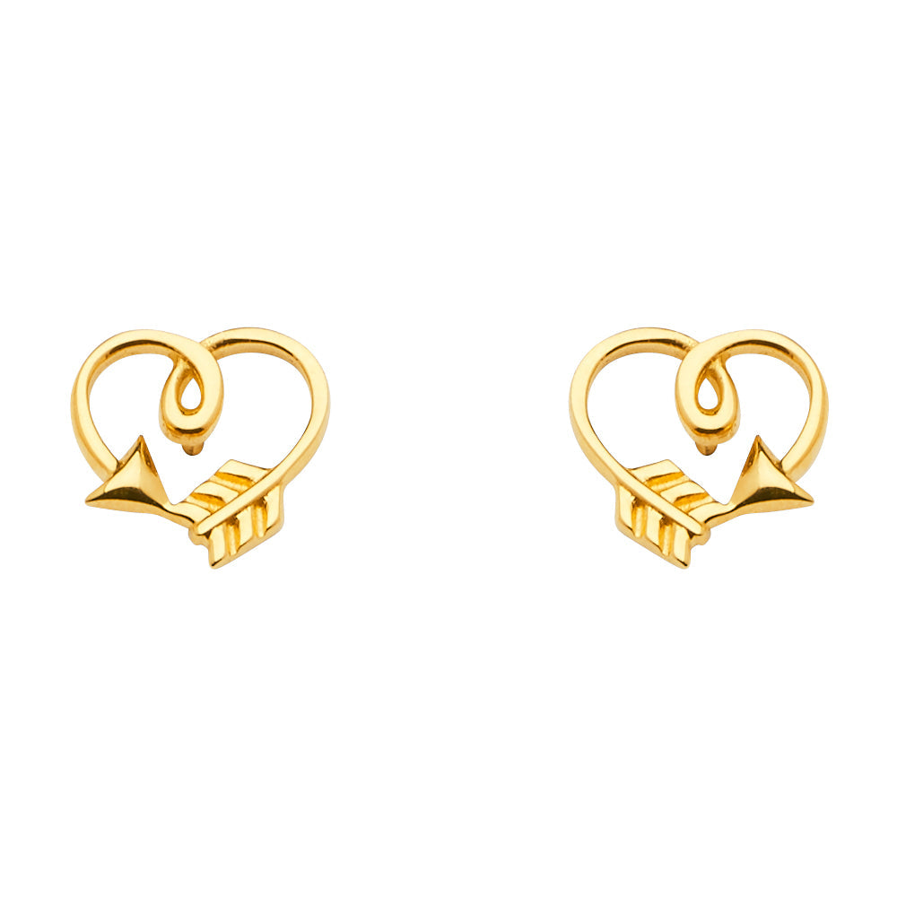 14K Yellow Gold Arrow Heart Earrings With Push Back