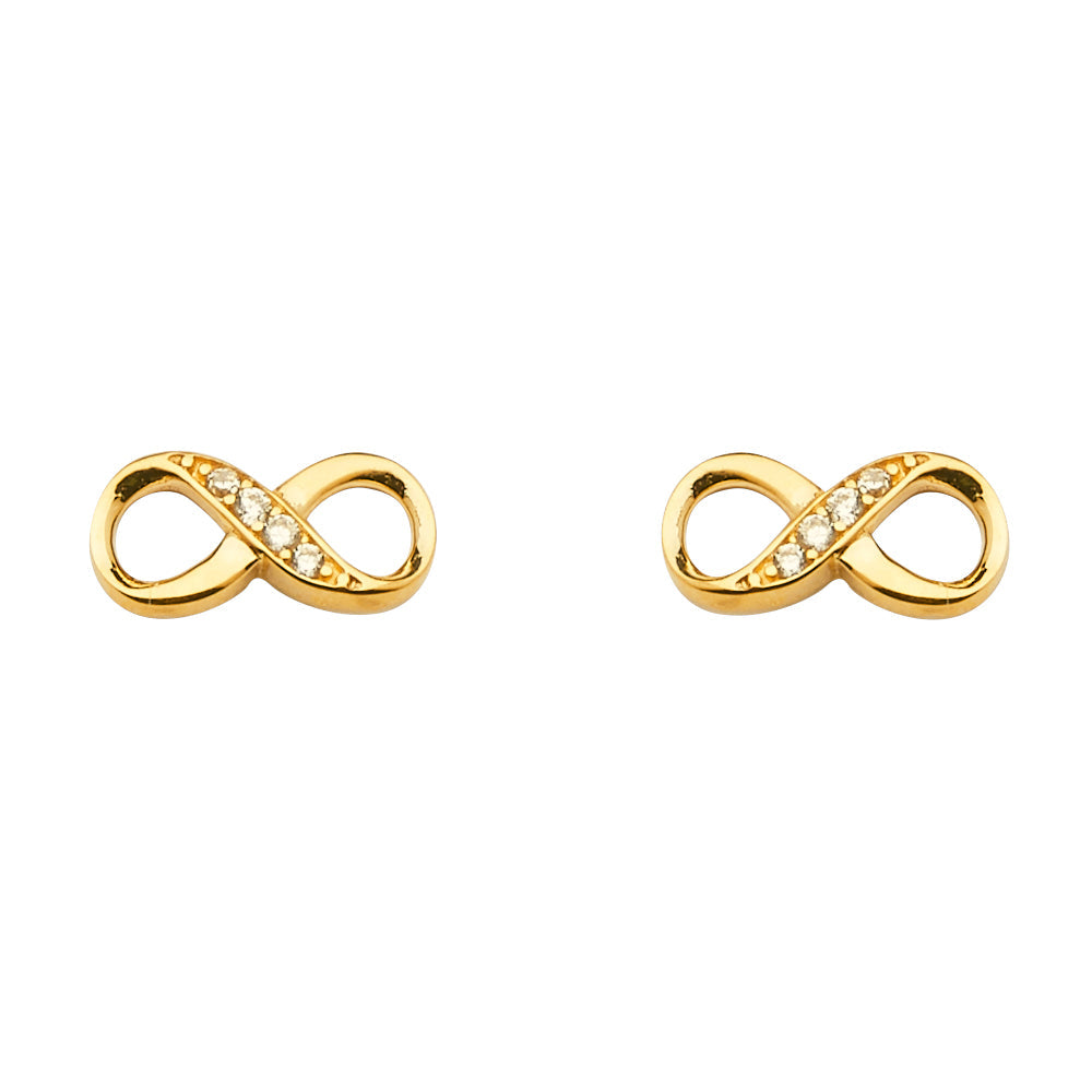 14K Yellow Gold CZ Infinity Earrings With Push Back