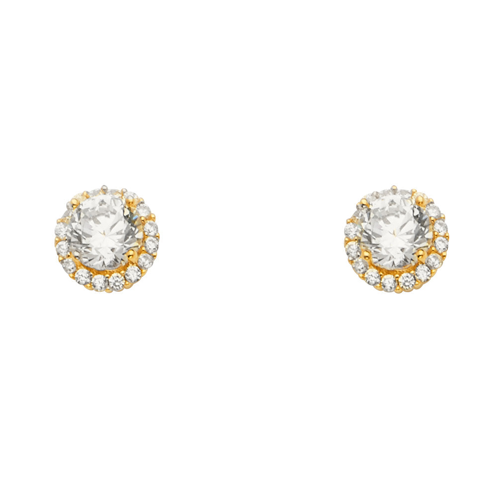 14K Yellow Gold Solitare Halo Round CZ Earrings With Push Back