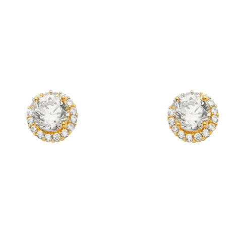 14K Yellow Gold Solitare Halo Round CZ Earrings With Push Back