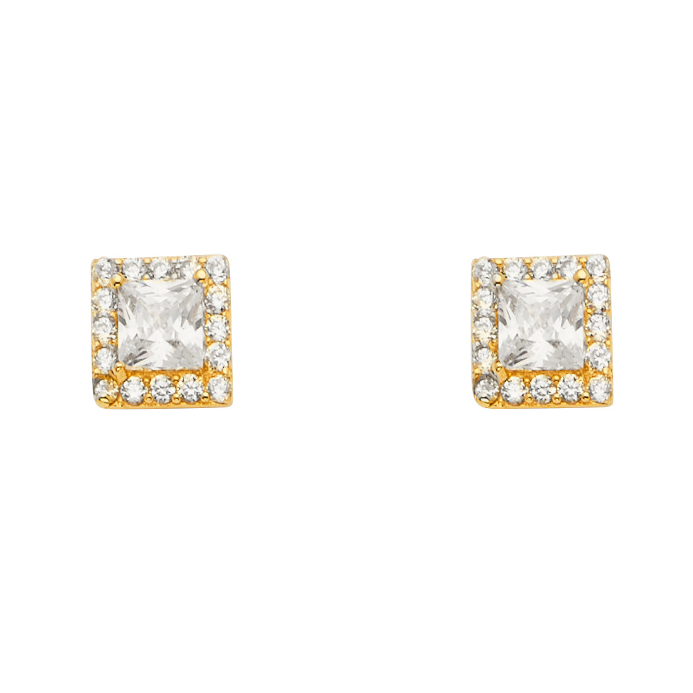 14K Yellow Gold Solitare Halo Square CZ Earrings With Push Back