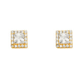 14K Yellow Gold Solitare Halo Square CZ Earrings With Push Back