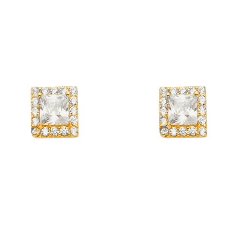 14K Yellow Gold Solitare Halo Square CZ Earrings With Push Back