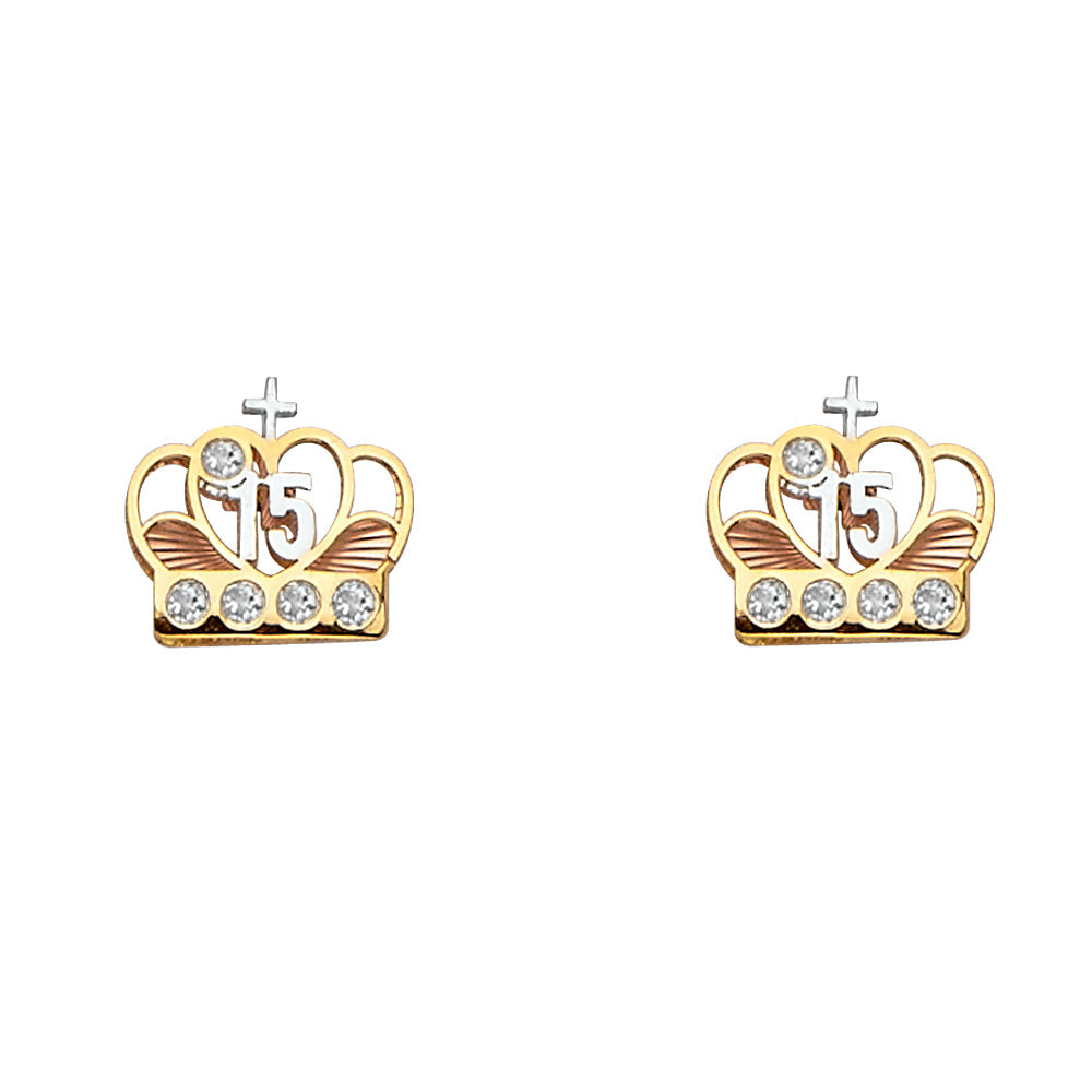 14K Tri Color Gold CZ Crown Post Earrings