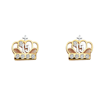 14K Tri Color Gold CZ Crown Post Earrings