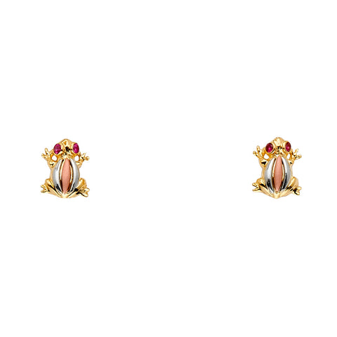 14K Tri Color Gold CZ Frog Earrings Or Set