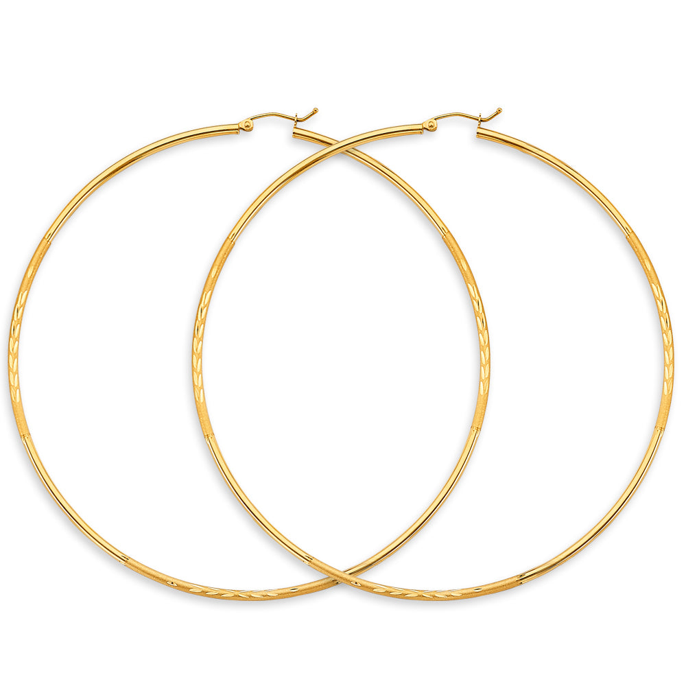 14K Yellow Gold 2mm Budded DC Big Round Tube Hoop Earrings