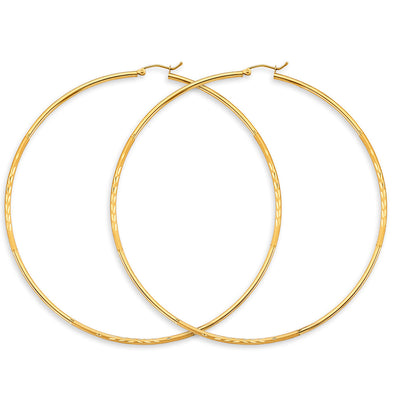 14K Yellow Gold 2mm Budded DC Big Round Tube Hoop Earrings