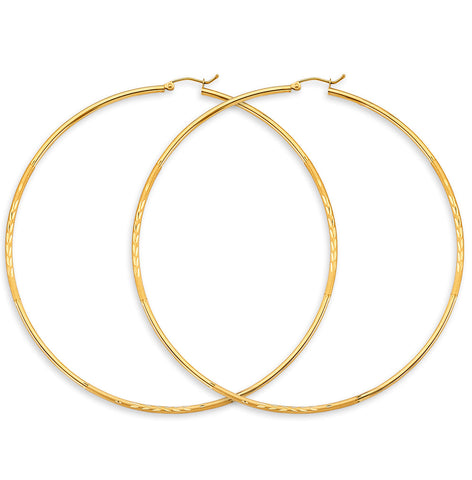 14K Yellow Gold 2mm Budded DC Big Round Tube Hoop Earrings