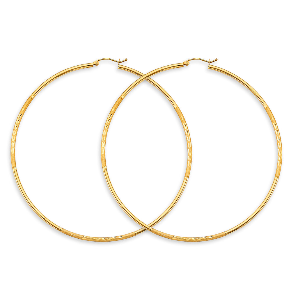 14K Yellow Gold Budded DC Big Round Tube 2mm Hoop Earrings