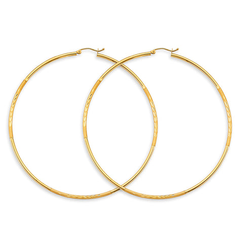 14K Yellow Gold Budded DC Big Round Tube 2mm Hoop Earrings