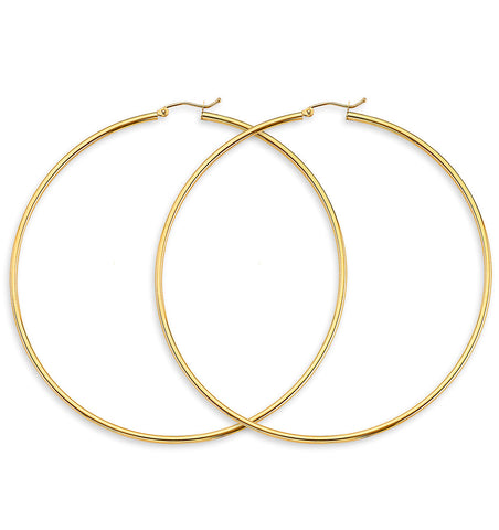 14K Yellow Gold 2mm Big Round Tube Polish Hoop Earrings