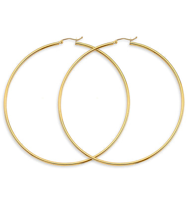 14K Yellow Gold Budded DC Big Round Tube 2mm Polish Hoop Earrings